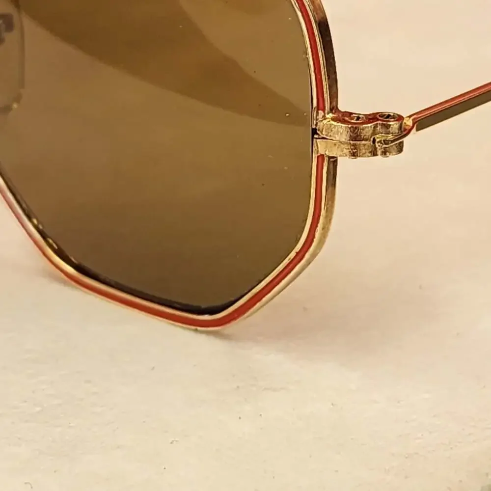 Vintage Octagon Gold Metal Frame Sunglasses with Red Trim and Brown Lenses